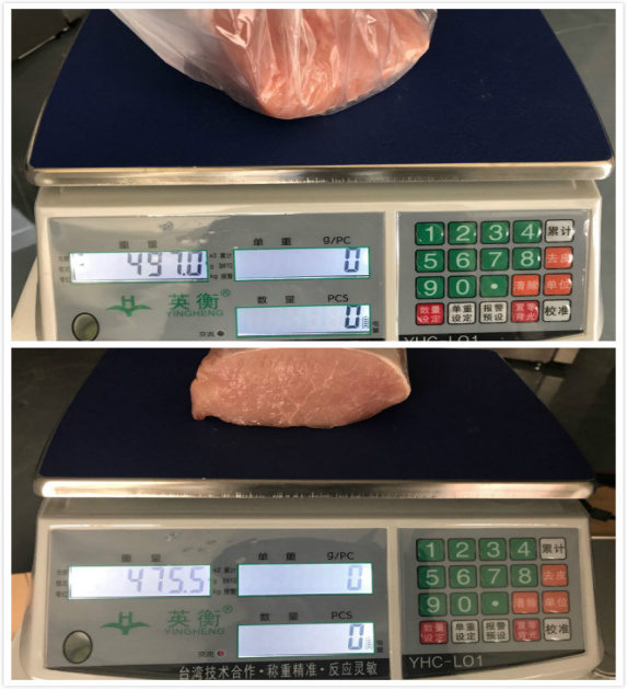3,肉类汁液损失率:在规定工况条件下,测试一定量的新鲜猪肉放入冰箱