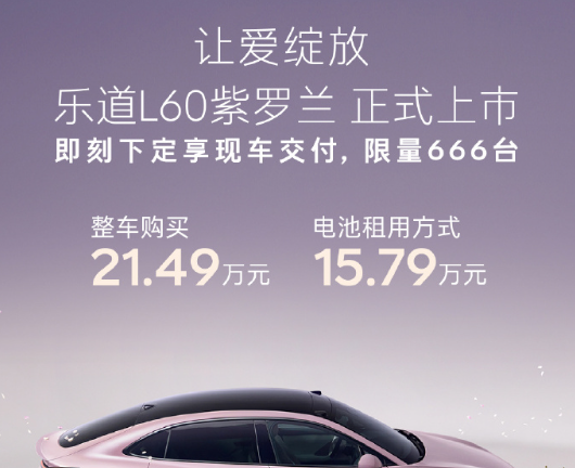 乐道L60紫罗兰限定版上市：限量666台，租电仅15.79万元