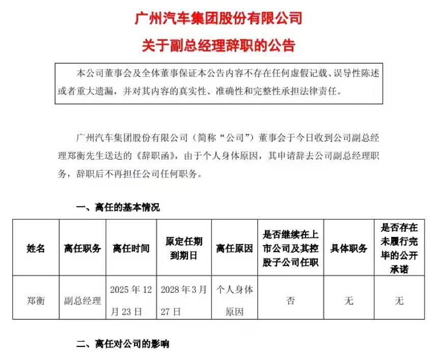 广汽集团副总经理郑衡因身体原因辞职，不再担任任何职务