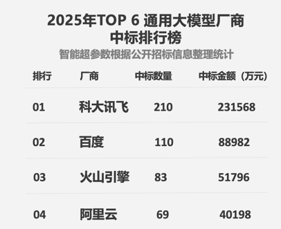 2025年大模型中标榜公布：科大讯飞中标额23亿元，位列第一