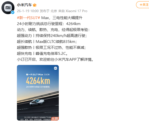 性能耐力双突破：新一代小米SU7 Max 24小时极限续航4264km