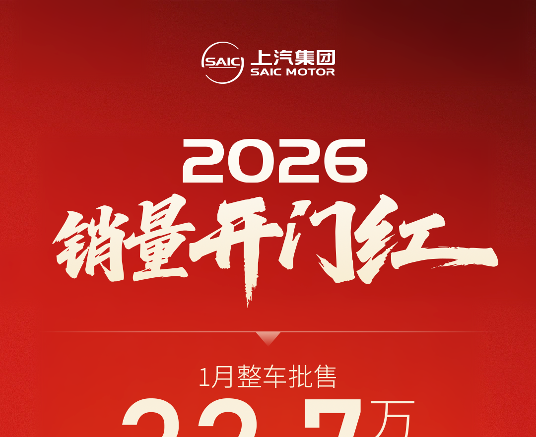 上汽集团公布1月销量：整车批售32.7万辆，自主品牌销量21.4万辆
