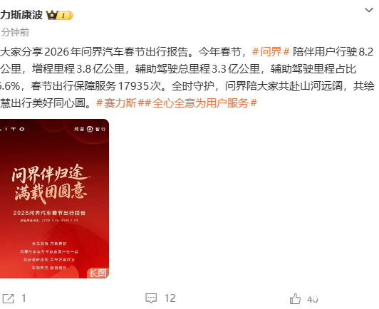 问界发布春节出行报告：辅助驾驶总里程达3.3亿公里，占比46.6%