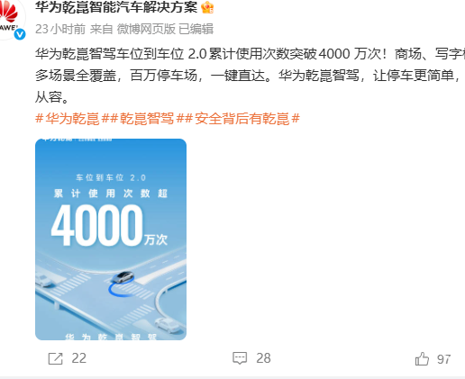 华为乾崑车位到车位2.0使用量破4000万次，覆盖全国超百万停车场