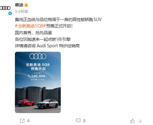 全新奥迪SQ8开启预售：定位高性能豪华中大型SUV，114万元起