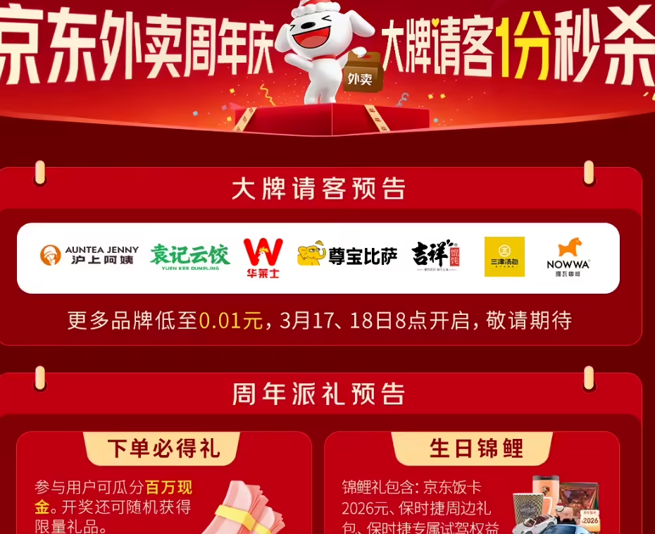京东外卖周年庆于明日开启：1元自提券与1分钱秒杀同步上线
