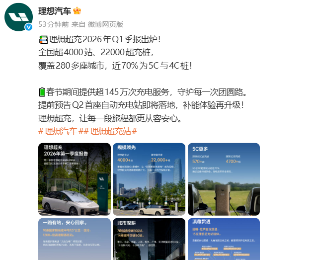 理想第一季度超充网络突破4000站，首座自动充电站将于Q2落地
