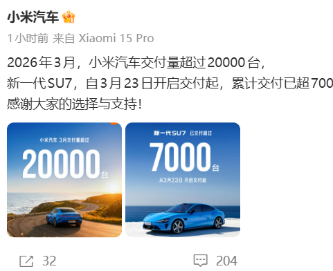 小米3月全系车型交付量破2万台，新一代SU7累计交付超7000台