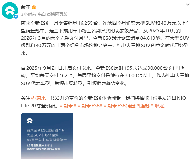 蔚来公布全新ES8销量：连续四个月斩获大型SUV、40万以上车型销冠